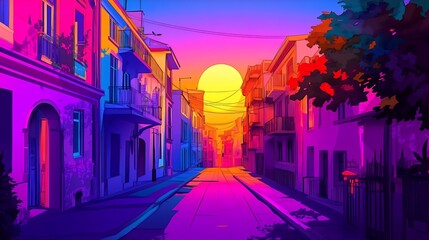 Obraz premium Vibrant Sunset Street Scene Colorful Buildings and Evening Glow