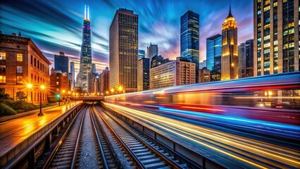 Chicago's night skyline: a long exposure train streaks past glittering skyscrapers.
