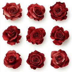 Fototapeta premium A collection of nine red roses in a clip-art style, isolated on a white background. Each rose is arranged with soft lighting to create a clean and elegant presentation.