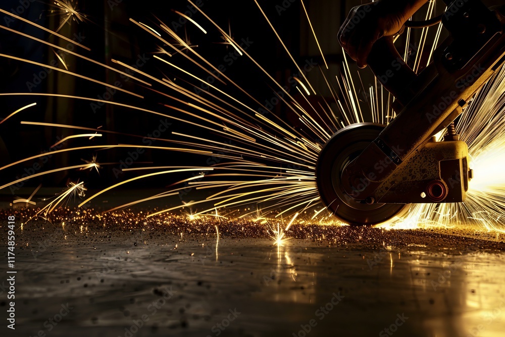 Poster grinding tool creating sparks while being used on a metal surface by a worker