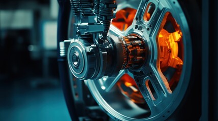 Fototapeta premium Close-up of a futuristic wheel with intricate design and vibrant orange highlights, set against a industrial backdrop.