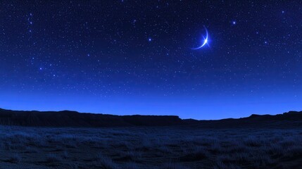 A tranquil night scene with a crescent moon and starry sky over a grassy field and distant hills. Ideal for peaceful backgrounds or nature-themed projects.