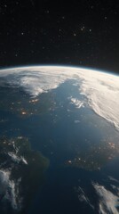 Fototapeta premium A stunning view of Planet Earth at night from space, showcasing the illuminated North America under a starry sky. The horizon is gently curved with visible city lights.