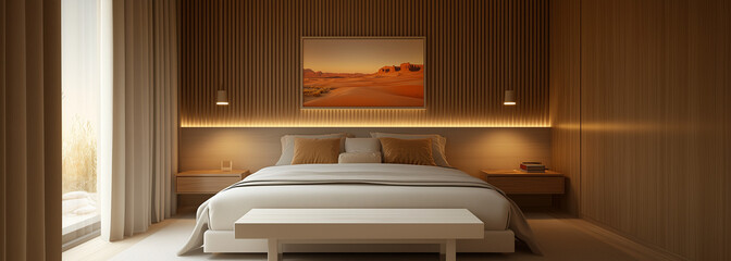 modern bedroom with wood slats on the wall, light gray walls, soft warm lighting, a white wooden bench at the head of the bed, pastel desert landscape posters above and below the bed