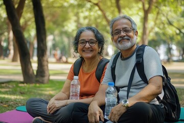 Happy active senior couple with sports mats and water bottles, taking a break after a refreshing morning walk in the park