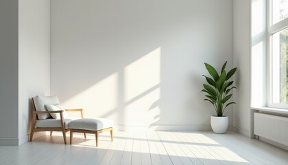 Fototapeta premium A bright and airy white studio room with soft shadows provides a neutral space.