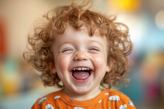 Naklejki Happy child laughing during a dental visit, capturing a cheerful and positive moment in children's dentistry