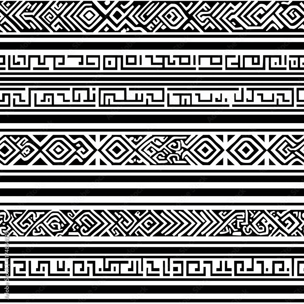 Poster geometric black and white patterns featuring intricate lines and shapes arranged in horizontal strip