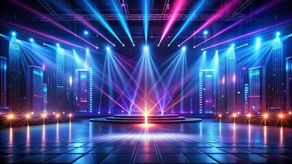 empty stage is illuminated by neon lights, spotlights, and rays, creating a dark and urban background with a futuristic and abstract technology feel, perfect for a night view