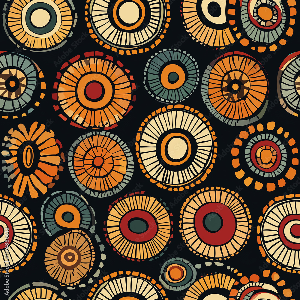 Poster colorful abstract circles in a dark background, creating a vibrant and artistic pattern suitable for