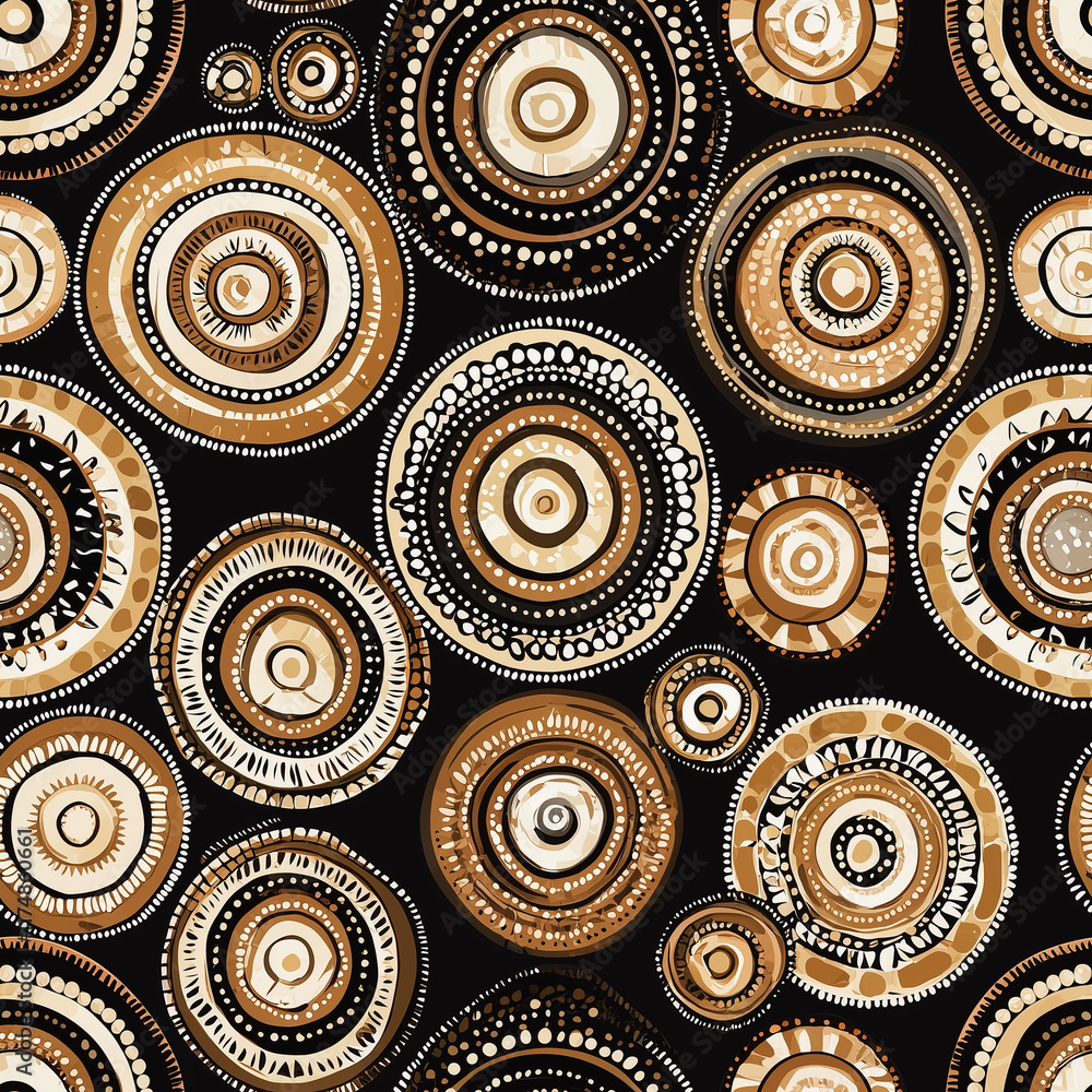 Poster abstract pattern of concentric circles in warm tones on a dark background, creating a visually strik