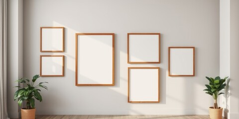 Modern Minimalist Gallery Wall Mockup with Empty Frames and Plants