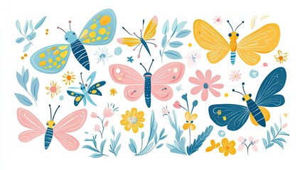 Big set of cute insects. Colorful vector illustrations in flat style. Butterflies, dragonflies, bees and small flowers isolated on white background. Smiling characters for childish design.