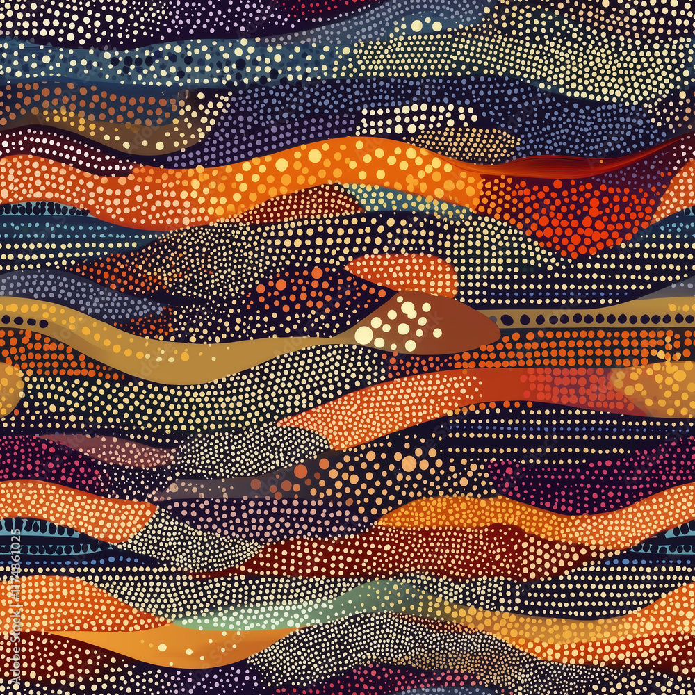 Poster abstract colorful design with flowing lines and dotted patterns, evoking a sense of movement and har