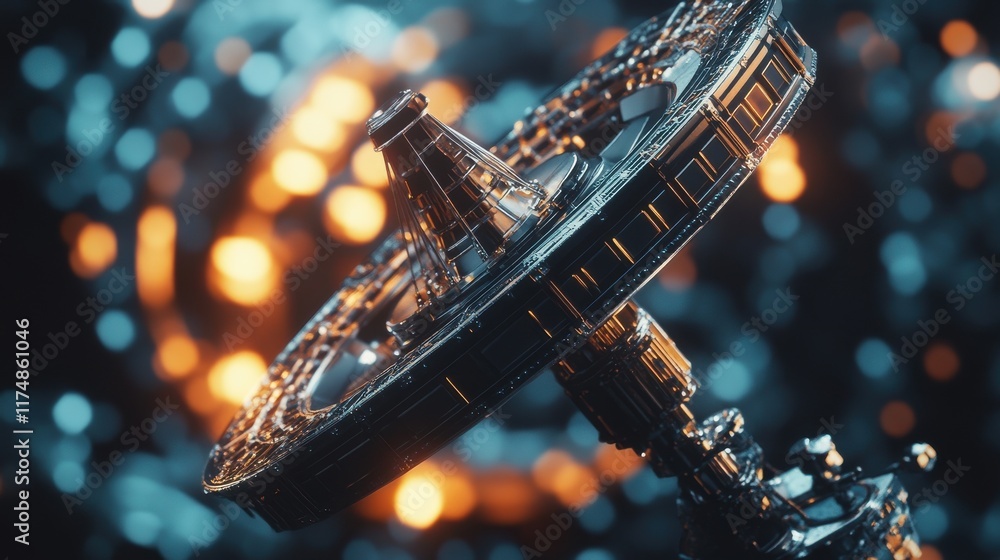 Poster futuristic metallic space station orbiting in a cosmic backdrop with glowing bokeh lights.