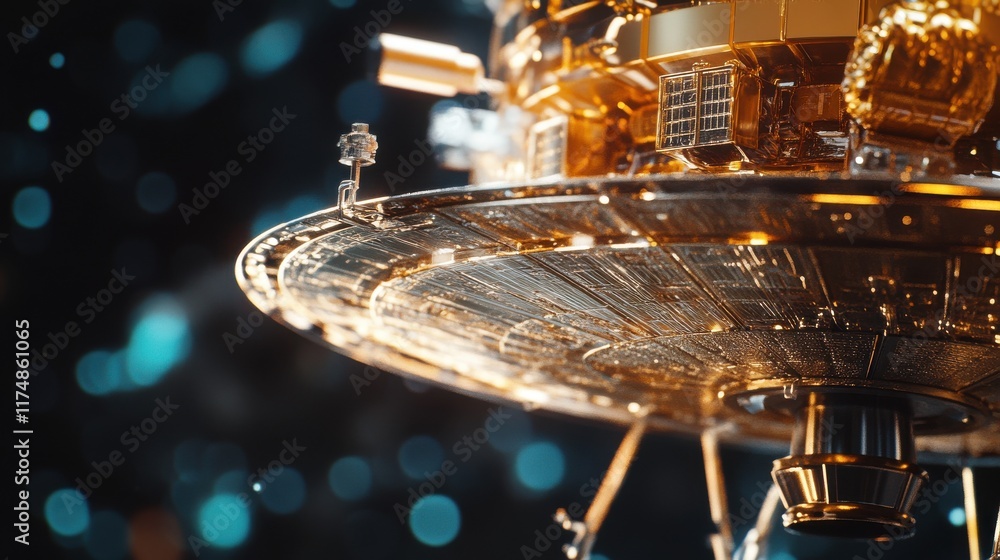 Poster close-up of a metallic spacecraft model with intricate details and a shimmering background.