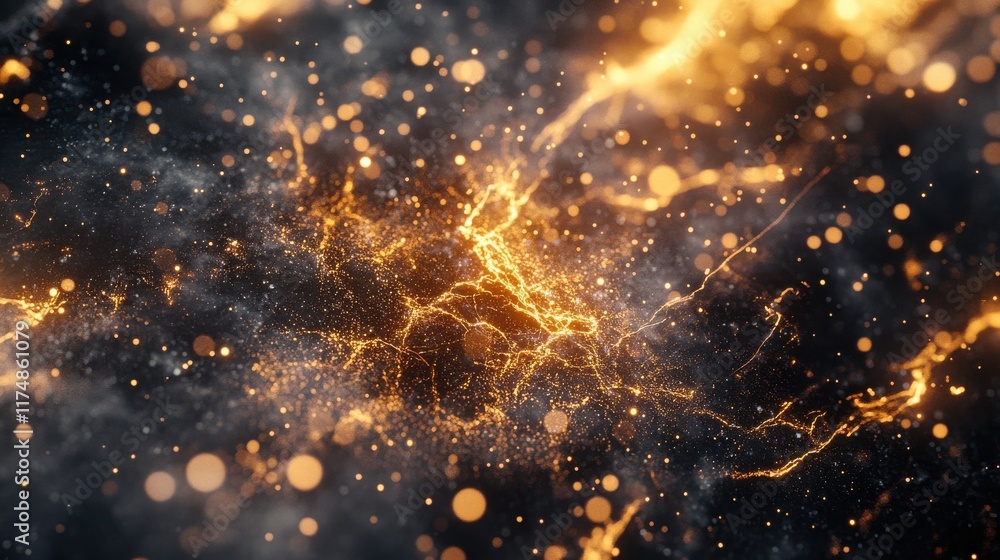 Poster mesmerizing glowing abstract background with golden sparkles and swirling lights.