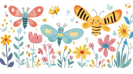 Big set of cute insects. Colorful vector illustrations in flat style. Butterflies, dragonflies, bees and small flowers isolated on white background. Smiling characters for childish design.