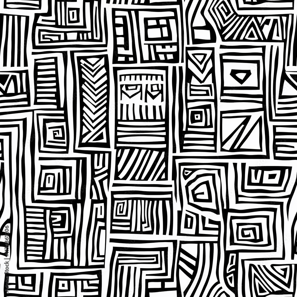 Poster abstract black and white geometric pattern featuring various shapes and lines in a maze-like design.