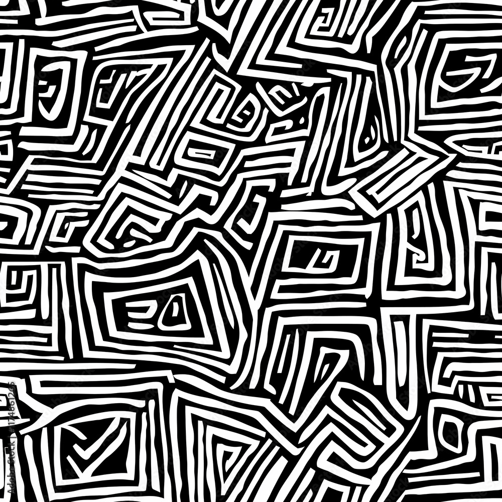 Poster abstract black and white pattern featuring intricate, geometric lines and shapes creating a modern a