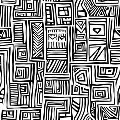 Abstract black and white geometric pattern featuring various shapes and lines in a maze-like design.