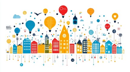 Obraz premium Colorful Cityscape with Hot Air Balloons and Symbolic Icons