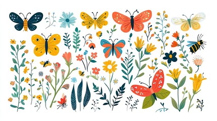 Big set of cute insects. Colorful vector illustrations in flat style. Butterflies, dragonflies, bees and small flowers isolated on white background. Smiling characters for childish design.
