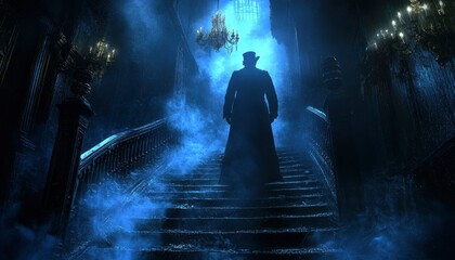 Mysterious Figure Ascending Grand Staircase In Haunted Mansion