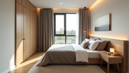 A neutral-toned studio room with wooden accents gives a cozy vibe.