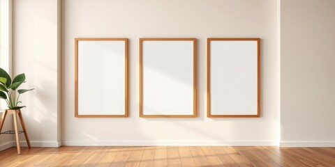 Fototapeta premium Minimalist interior design featuring three blank vertical frames on a light wall, near a plant