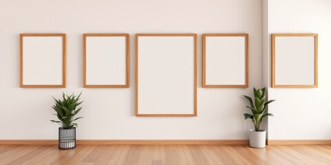 Fototapeta premium Modern minimalist interior design with blank frames and potted plants