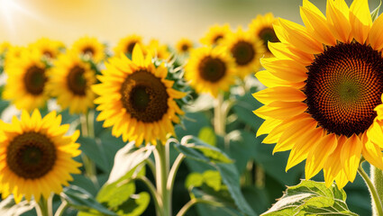 Naklejka premium Sunflowers blooming in a field during golden hour sunlight