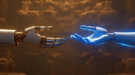 Two robotic hands reach out for a handshake. One hand is white and gold the other blue and white. This image symbolizes collaboration and technological advancement.