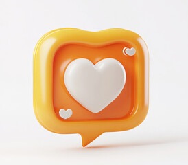 Orange speech bubble with a white heart in a 3D cartoon style. Bold orange and yellow tones make it ideal for social media or communication-themed icons.