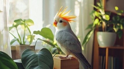 A vibrant white cockatiel with an orange crest perched elegantly near a sunlit window.