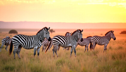 Fototapeta premium World Wildlife Day. Zebras grazing in golden grassland at sunset
