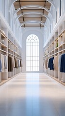 Fototapeta premium A luxury clothing store interior with neatly arranged apparel on wooden shelves. The space is bright and elegant, featuring a high arched window that floods the area with light.