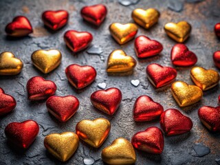 Golden, Red & Chocolate Hearts on Grey - Low Light Romantic Background Stock Photo