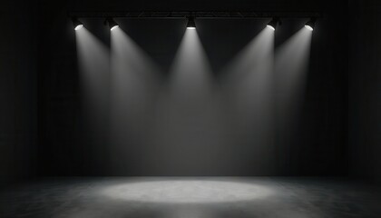 A modern black studio room with spotlights highlights minimalistic displays.