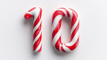 Numbers "10" made of candy, candy cane isolated on white, typography