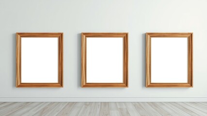 Three empty wooden picture frames on a wall above light wood flooring
