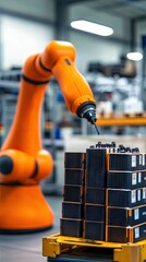 Fototapeta premium An industrial robot arm assembling or handling items in a warehouse setting.