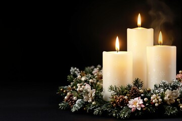 Three glowing candles surrounded by a holiday wreath with pinecones, flowers, and ornaments on a dark background. Concept of festive warmth. Ai generative