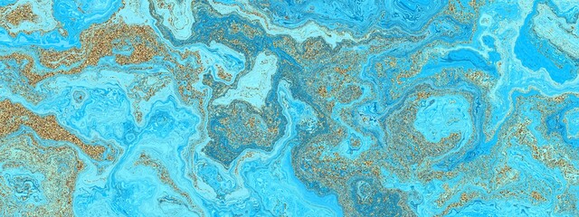 A blend of vibrant blue and golden textures, representing aquatic patterns and organic forms in nature