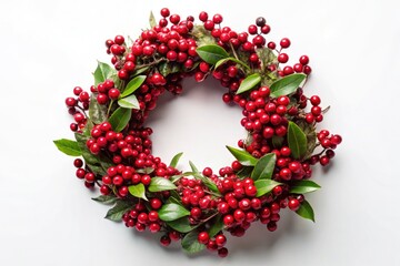 Obraz premium Classic Christmas wreath adorned with vibrant red berries, set against a clean white background. Ideal stock photo.