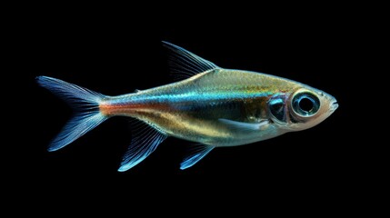 Fototapeta premium A shimmering transparent fish with blue accents gliding gracefully against a black backdrop.