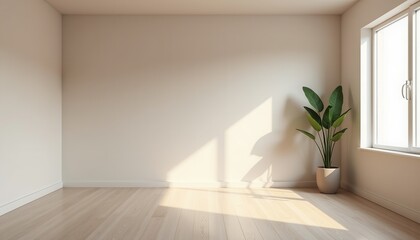 A minimalist studio room with soft tones and subtle lighting creates a versatile setting.