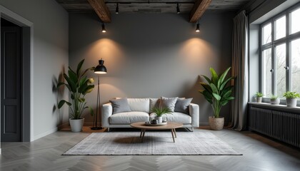 A sophisticated gray-toned studio room with strategic lighting enhances the overall ambiance.