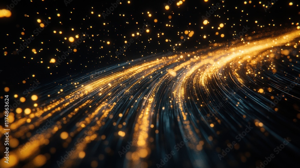 Poster a mesmerizing flow of golden particles shimmering through a dark, cosmic background, creating a sens