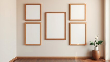 Fototapeta premium Minimalist interior design featuring five blank wood frames on a beige wall, complemented by a potted plant